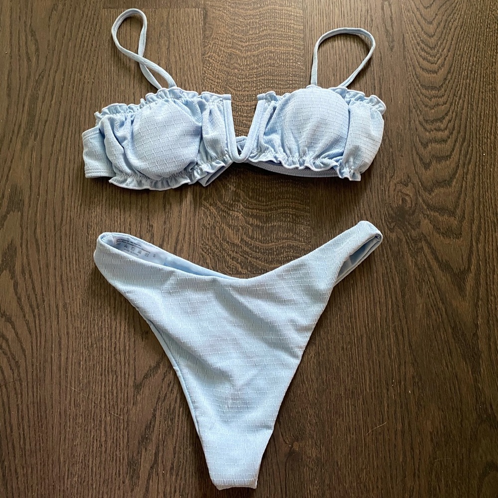 ✨ITEM SOLD✨SHEIN blue v-wire frill cut bikini set